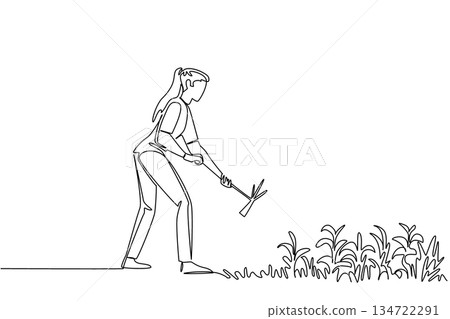 Continuous line drawing of a woman using a hoe to clear weeds from a garden bed, nature concept for home gardening, themed for National Weed Your Garden Day encouraging routine yard maintenance. 134722291