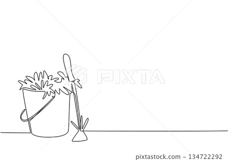 Single line drawing of a bucket filled with pulled weeds beside a hoe, nature concept for yard cleanup, themed for National Weed Your Garden Day to promote responsible disposal and tidy garden spaces. 134722292