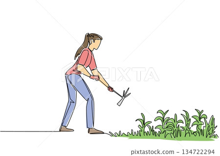 Single line drawing of young woman in pink shirt, jeans gloves and boots using a hoe weeding patch of grass. Personal action, health, and gardening care for National Weed Your Garden Day. 134722294