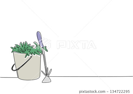 Continuous line drawing of bucket filled with weeds or plants, next to a small garden hoe and trowel. The gardening tools and results of garden weeding. National Weed Your Garden Day event. 134722295