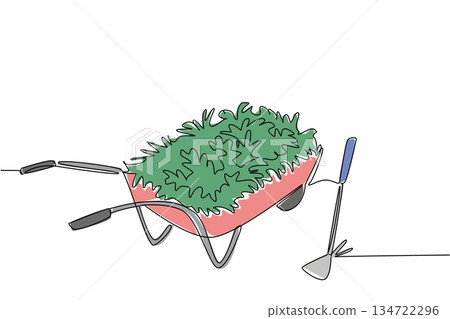 One line drawing of a wheelbarrow overflowing with weeds or garden refuse, next to small gardening tools such a hoe, symbolizing the effort and bounty of garden cleanup. National Weed Your Garden Day One line drawing of a wheelbarrow overflowing with weeds or garden refuse, next to small gardening tools such a hoe, symbolizing the effort and bounty of garden cleanup. National Weed Your Garden Day 134722296