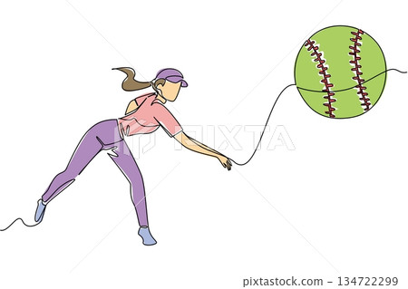 Single line drawing of a female softball pitcher in action, releasing high speed softball. Showing dynamic motion and focus in pitching. World Softball Day Single line drawing of a female softball pitcher in action, releasing high speed softball. Showing dynamic motion and focus in pitching. World Softball Day 134722299