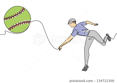 Continuous line drawing of a male in blue pitches green softball pitcher in action, releasing a softball in high speed. Symbolizing the athletic form and energy of the pitch. World Softball Day event Continuous line drawing of a male in blue pitches green softball pitcher in action, releasing a softball in high speed. Symbolizing the athletic form and energy of the pitch. World Softball Day event 134722300