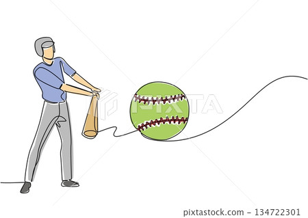 Male softball batter in a helmet, swinging a brown bat at green softball, highlighting dynamic motion and player effort during World Softball Day games. Single line drawing sports concept. Male softball batter in a helmet, swinging a brown bat at green softball, highlighting dynamic motion and player effort during World Softball Day games. Single line drawing sports concept. 134722301