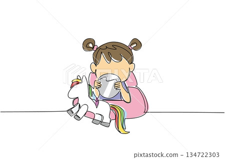Continuous line drawing of a young girl sitting with a unicorn toy, holding a big button battery near her face, highlighting the danger of ingestion. National Button Battery Awareness Day event 134722303