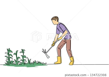 Continuous line drawing of a young man in gloves and boots, actively weeding a garden bed with a small hoe, symbolizing diligent garden care and maintenance. National Weed Your Garden Day event. 134722308