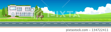 Modern white house with a wooden For Salesign in the front yard. Real estate property investment and housing market concept. Vector illustration of a suburban home on a green landscape. 134722411