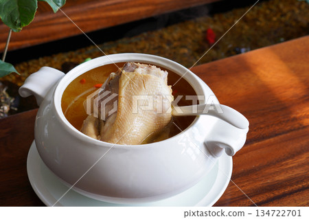 Tasty chicken soup in white bowl 134722701