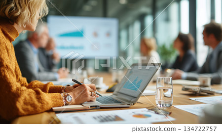 team collaborates around digital financial dashboard 134722757