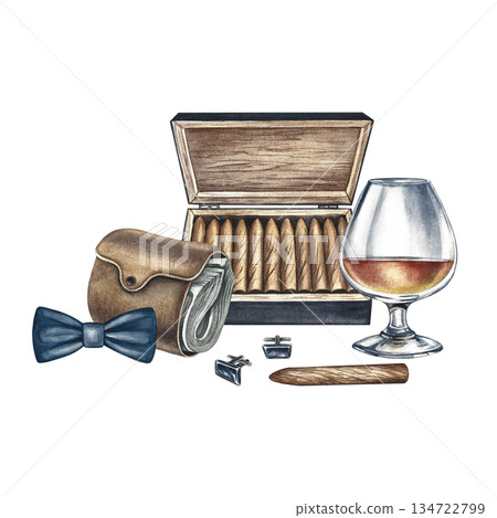 Men's accessories, cognac, wallet with money, expensive cigars, cufflinks, and a bow tie. Hand-drawn watercolor illustration. For postcards, banners, flyers, packaging, invitations, posters, and more 134722799