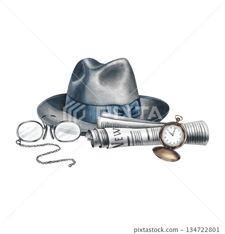 Men's accessories, hat, newspaper, watch, and glasses. Hand-drawn watercolor illustration. Vintage-style color image on a men's theme. For postcards, banners, and flyers for Men's Day and Father's Day Men's accessories, hat, newspaper, watch, and glasses. Hand-drawn watercolor illustration. Vintage-style color image on a men's theme. For postcards, banners, and flyers for Men's Day and Father's Day 134722801