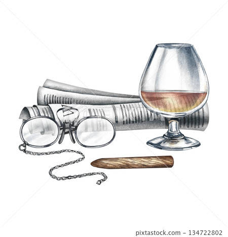 A composition with masculine attributes. A cognac glass, a newspaper, optical glasses, and an expensive cigar. A handmade watercolor illustration. For cards for Men's Day and Father's Day, and more. A composition with masculine attributes. A cognac glass, a newspaper, optical glasses, and an expensive cigar. A handmade watercolor illustration. For cards for Men's Day and Father's Day, and more. 134722802