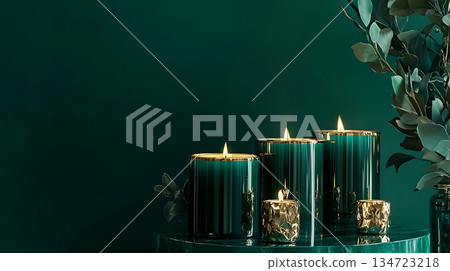 A green table with four candles on it A green table with four candles on it 134723218