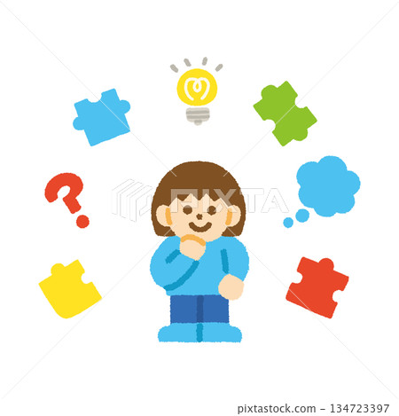 Thinking girl idea icon puzzle hand drawn pastel Thinking girl idea icon puzzle hand drawn pastel 134723397