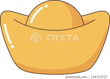Kawaii Golden Chinese Sycee Ingot Illustration for Wealth Prosperity and Lunar New Year 134723727