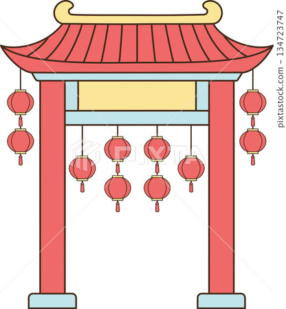 Traditional Chinese Gate Illustration with Red Lanterns for Lunar New Year 134723747