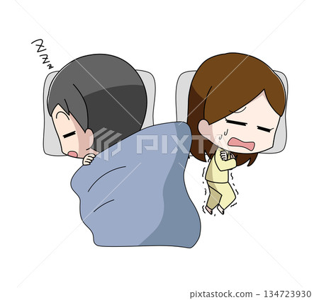Illustration of a woman sleeping together and having her quilt taken away by a man Illustration of a woman sleeping together and having her quilt taken away by a man 134723930