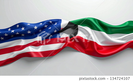 United Flags Flown Together American, UAE, and Italian Flags in a Smooth Silk Wave. 134724107