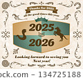 Antique-style New Year's greeting card for 2025 featuring illustrations of the zodiac animals, snake and horse. 134725188