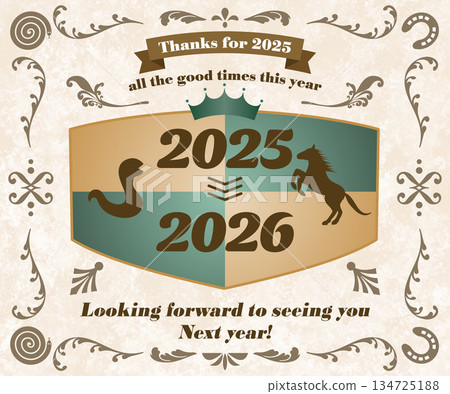 Antique-style New Year's greeting card for 2025 featuring illustrations of the zodiac animals, snake and horse. 134725188