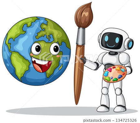 Cute Robot Artist Painting a Happy Cartoon Earth Cute Robot Artist Painting a Happy Cartoon Earth 134725326