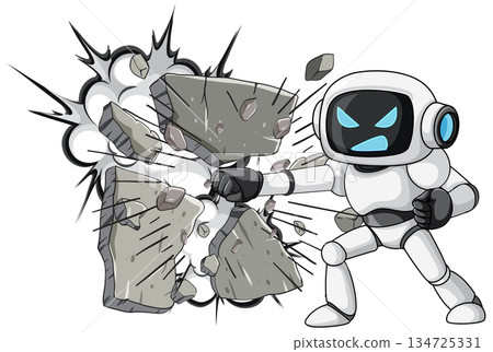 Cartoon Robot Punching Through Concrete Wall with Force 134725331