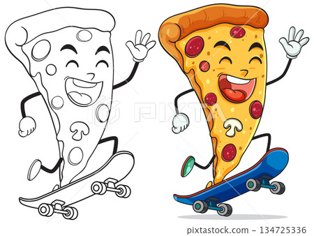 Cartoon Pizza Slice Character Skateboarding with Happy Expression 134725336