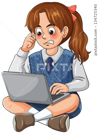 Stressed Schoolgirl Sitting Cross-Legged Using Laptop Computer Stressed Schoolgirl Sitting Cross-Legged Using Laptop Computer 134725340