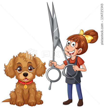 Cartoon Dog Groomer Holding Large Scissors Beside Fluffy Puppy 134725343