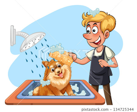 Cartoon Man Washing Happy Dog in Bathtub 134725344