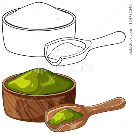 Matcha Green Tea Powder in Wooden Bowl with Scoop Illustration 134725346