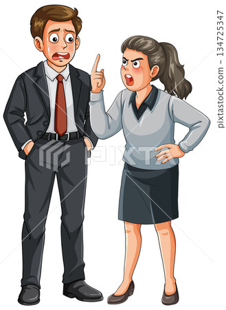 Angry Businesswoman Scolding Worried Male Colleague Illustration 134725347