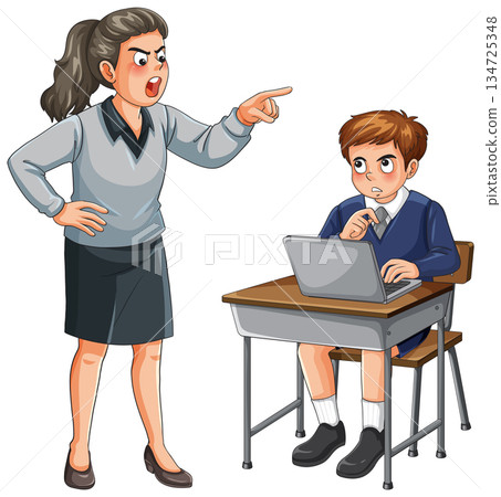Angry Teacher Scolding Student Using Laptop in Classroom 134725348
