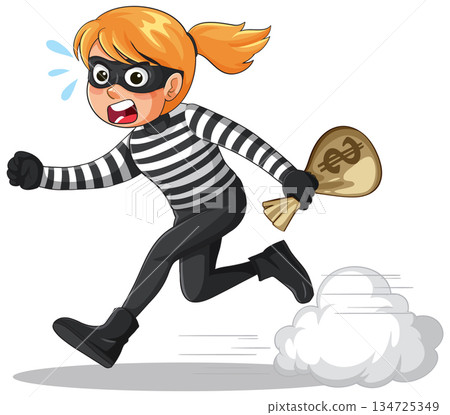 Cartoon Female Robber Running With Money Bag Cartoon Female Robber Running With Money Bag 134725349