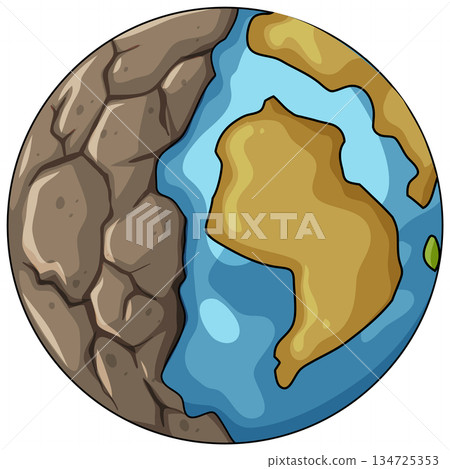 Cartoon Earth Split Between Dry Land and Ocean Cartoon Earth Split Between Dry Land and Ocean 134725353