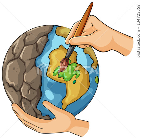 Hands Painting Green Continents on Cartoon Earth 134725358