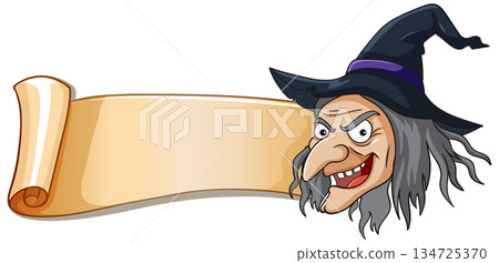 Cartoon Witch Head with Scroll Banner Illustration 134725370