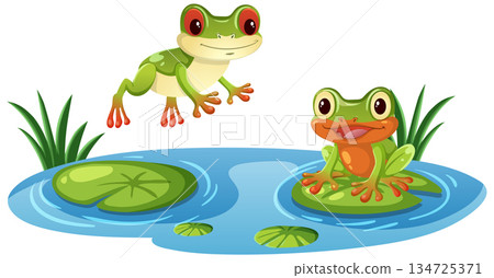 Two Cartoon Frogs Playing in a Lily Pond 134725371