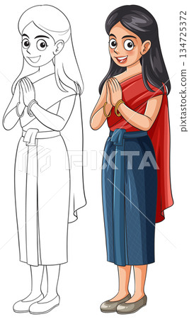 Traditional Woman Greeting in Thai Costume Vector Illustration 134725372
