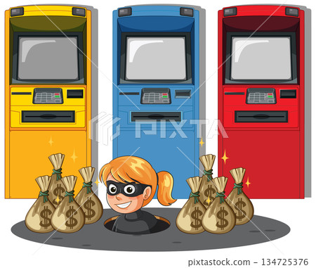 Masked Thief Emerging With Money Bags Near Colorful ATMs Masked Thief Emerging With Money Bags Near Colorful ATMs 134725376