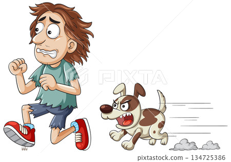 Cartoon Man Running from Angry Dog Cartoon Man Running from Angry Dog 134725386