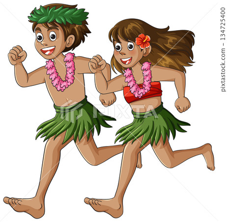 Hawaiian Children Running in Traditional Grass Skirts and Leis Hawaiian Children Running in Traditional Grass Skirts and Leis 134725400