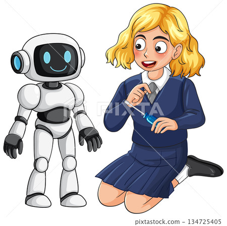 Schoolgirl Repairing Friendly Robot with Screwdriver 134725405