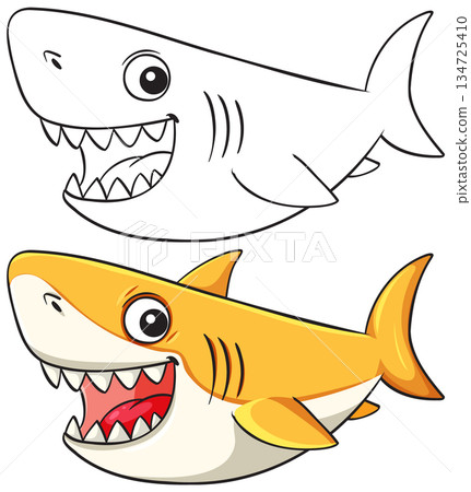 Cartoon Shark Vector Illustration with Color and Outline Versions 134725410