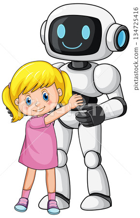 Smiling Robot and Happy Girl Hugging Together Smiling Robot and Happy Girl Hugging Together 134725416