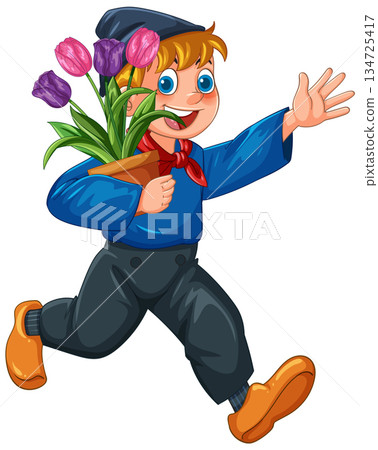 Dutch Boy Running with Tulip Flower Pot Illustration 134725417