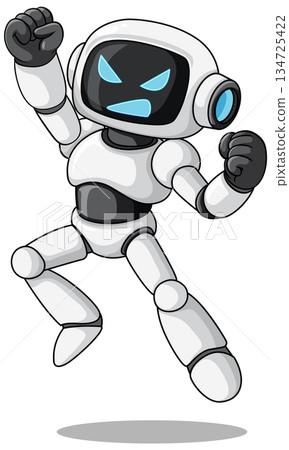 Angry Cartoon Robot Jumping with Raised Fists Angry Cartoon Robot Jumping with Raised Fists 134725422