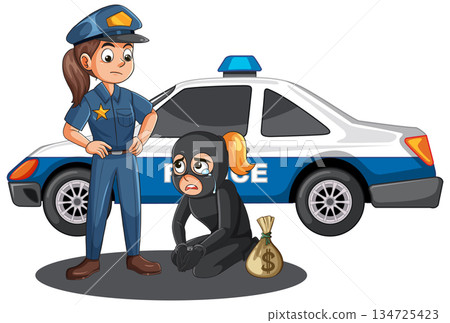 Female Police Officer Arrests Crying Thief Beside Police Car Female Police Officer Arrests Crying Thief Beside Police Car 134725423
