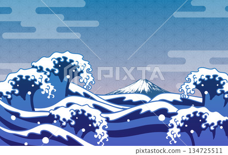 Japanese-style background of Ukiyo-e style waves and Mt. Fuji 134725511