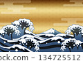 Ukiyo-e style waves and Mt. Fuji, gold Japanese background 134725512